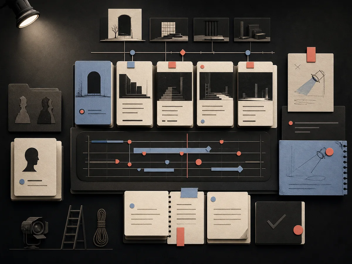 Illustration einer digital organisierten Theaterprobe mit Szenenkarten, Notizen und Ablaufmarken
